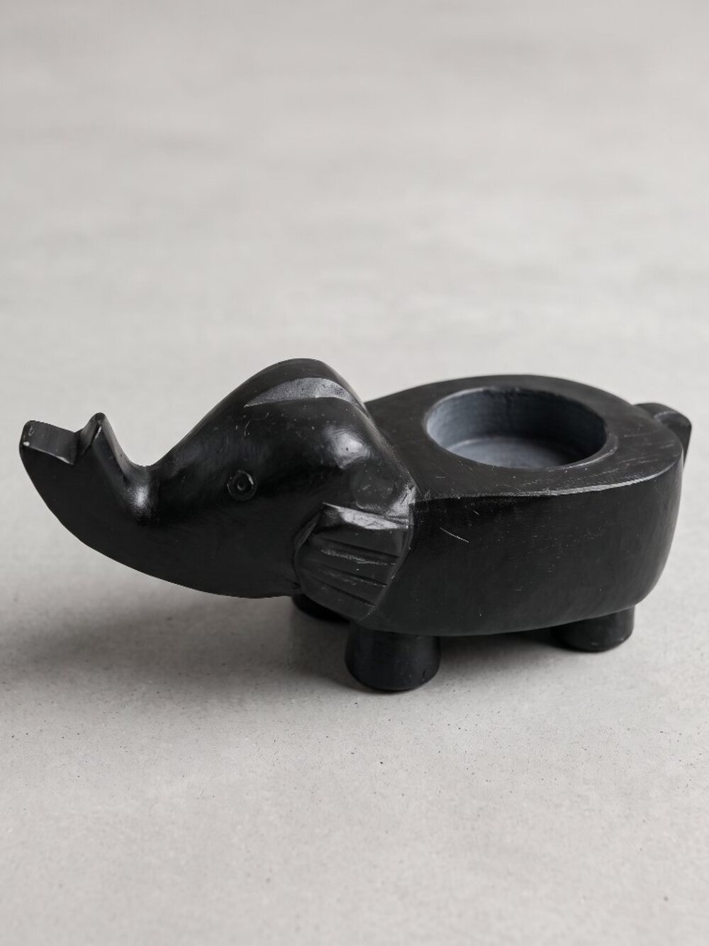Vintage Black Elephant Tea Light Candle Holder Carved Wood Figurine 7"